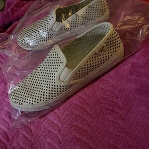 Perforated Slip-On Sneakers in Light Beige